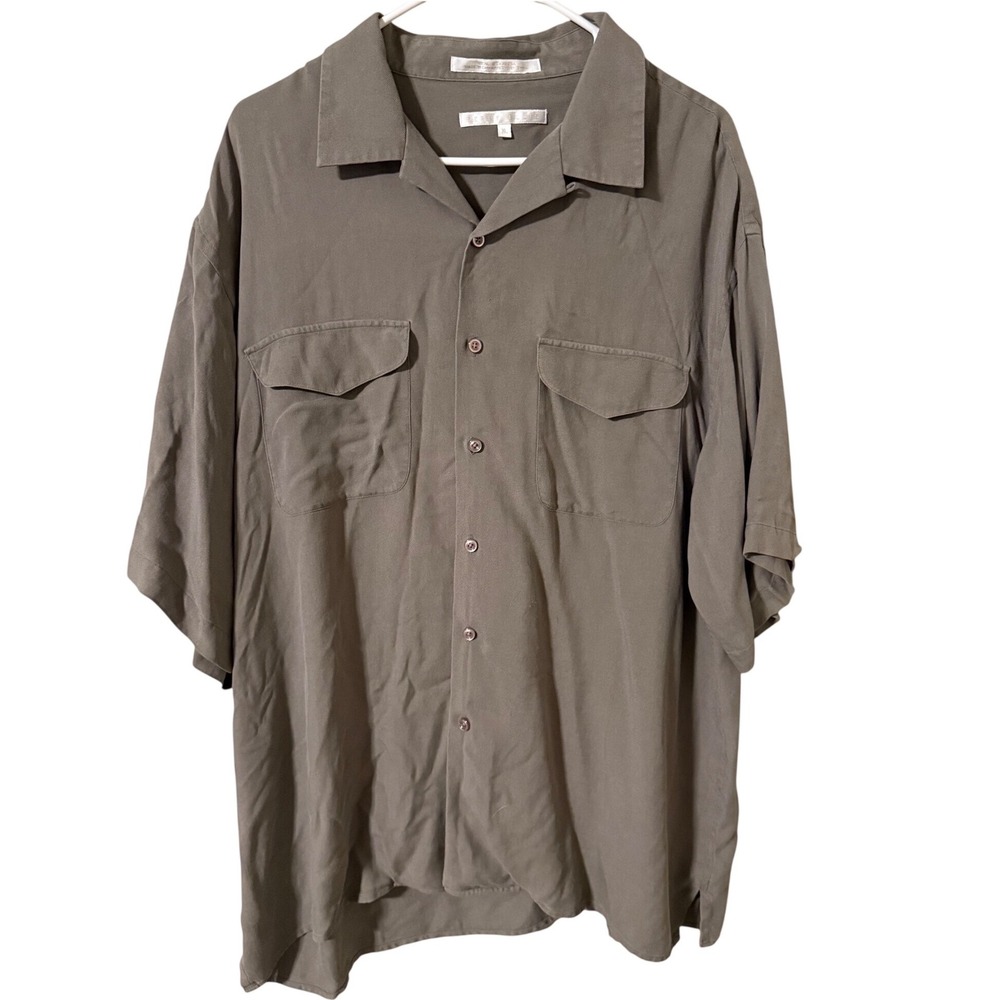 Perry Ellis Mens XL 100% Silk Short Sleeve Button Up Camp Shirt Taupe Gray Brown